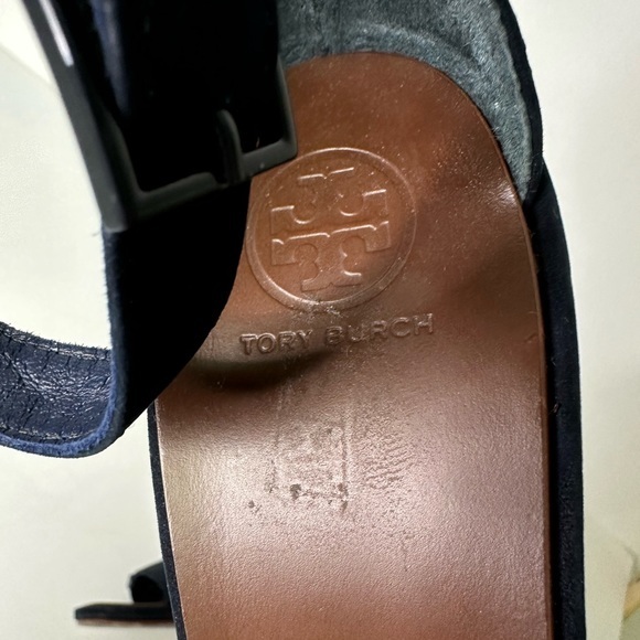 Tory Burch Gabrielle Suede Block Heel Sandal Royal Navy 8 1/2 - Picture 10 of 11